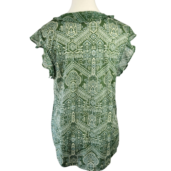 Lucky Brand Green Geometric Tribal Aztec Blouse Ruffle Sleeve V Neck Large - Picture 7 of 13